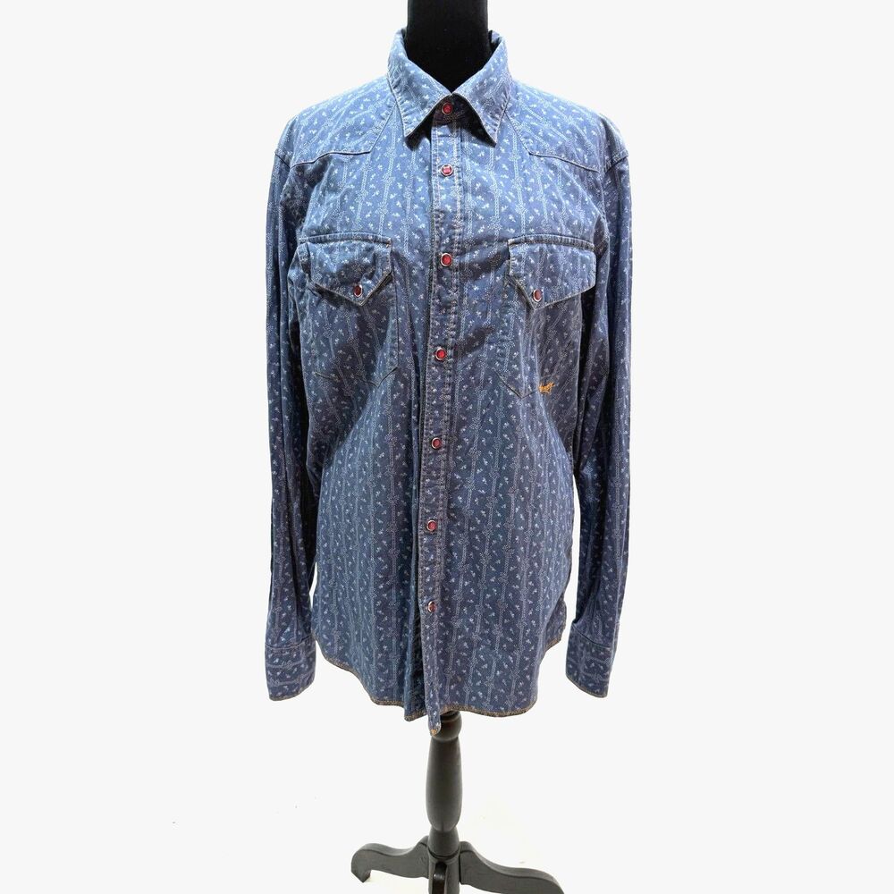 Billabong	blue floral print western long sleeve pearl snap button up